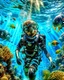 Placeholder: Make a image of a young boy wearing scuba gear, underwater with fish, jellyfish and bubbles. Low angle view looking up towards the surface of the Ocean, Photorealistic.