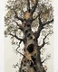 Placeholder: Abstract primitive tree composed of organic bark and leaf textures, fragmented into interlocking sections of varying magnification (macro veins, branch close-ups, distant silhouettes), all fused with no boundaries; rough charcoal, angular limbs and leaves, each section using distinct hatching densities and mark systems, high-contrast black on white, naive cubist/raw sketch style, continuous bleeding collage, square frame, edge-to-edge. Colored in rich but soft earth tones with the blacks preser