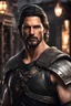 Placeholder: A portrait of a male warrior standing guard in front of a merchant shop, Adult man with Joe Manganiello features, fair complexion, shoulder length hair, intense eyes, black medium leather armor, necklace, portrait, digital art, dramatic lighting, high detailed