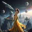 Placeholder: A breathtaking cosmic fantasy scene featuring a stunningly realistic beautiful woman with a perfect face and sculpted figure standing gracefully at the center of a floating CIFI town with Space craft landed over it. Surrounding her are CIFI buildings in deep space. She wears an elegant flowing gown in vibrant gold and blue hues that billow around her perfect form.