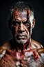 Placeholder: portrait of a 55 year old man. He's a warrior. His face is scarred and he has large scars. He has a dark and frightening look. He has salt and pepper short hair and a beard. He seems very strong. He is very muscular.