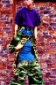 Placeholder: year 1997 denim fashion, Techno, "combat pants", cargo, Loose fit, low waist, baggy. Colors: denim blue, blue, purple, khaki, light green, lilac, plum, orange, terracotta, red, pink, dark blue, beige. Patterns: cheetah, balls, stripes. cheetah belt. Something between camouflage and cheetah prints. Women models. Sharon Stone, Sandra Bullock, Winona Ryder, Milla Jovovich, Big tennis shoes on. Latex in small part, areas, clothes..Combat pants. Leg warmers.