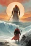 Placeholder: Moses splits the Red Sea, fantasy style. A soft-focus image of the golden sunset casting a warm glow, create in inkwash and watercolor, in the comic book art style of Mike Mignola, Bill Sienkiewicz and Jean Giraud Moebius, highly detailed, gritty textures,