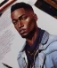 Placeholder: Fashion illustration, fashion drawing, Croquis, Hussein Suleiman, Jefferson Osei, Abderrahmane Trabsini, mudcloth denim jacket, kente cloth, jeans, flare leg, African American model, Luke Edward Hall