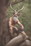 Placeholder: full body view, photography of a mythical satyr, a half man, half goat in the forest, eyes squinting, horns like a male goat, in the style of glitter pastels, grey goatee, ruddy weathered, hairy man face, lower body is a goat with goat legs and hooves, smiling, sitting on a tree stump