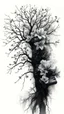 Placeholder: double exposure dry tree with fantasy flowers and profil face, black and gray watercolor illustration with weet ink, deep dark , surreal, dramatic atmosphere. intricate, stunning textures , mystery. stunning illustration