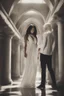 Placeholder: Woman with white hair wearing a white dress, walking down a sunlit stone hall, AND a handsome man in the background lurking in the shadows with long black hair