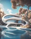 Placeholder: Photography of a futuristic house, in a residential area with trees. The house has organic shapes and a futuristic white design. There are bodies of water such as ponds or rivers that intersect with the urban environment. The atmosphere is summery, clear blue sky. Ultra quality, hyper detailed, 8k