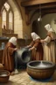 Placeholder: Medieval monks doing their laundry with a washering machine but make it a oil painting