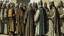 Placeholder: Rear view in 1490 of Andalusian men gathered around a commander in old Arab dress