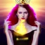 Placeholder: Attractive young teenage girl with golden fire red hair wearing a gold tiara, who is dressed like a witch casting a spell holding a gem, she has cat ears and open dazzling blue eyes, background is realistic space with a moon, the girl is on a planet, black black girl dress, full body portrait, arm colors gradient effect into stars, rendered, unity 3d, unreal engine, dslr, hdr, 4k, edited, photorealistic, normal number of appendages, freckles, artists render