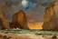 Placeholder: Night, rocks, cliffs, sci-fi, distant mountains, sea, waves, sand, seashore, epic, fantasy, winslow homer watercolor paintings