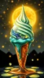 Placeholder: art create a 4k image of fof ice cream cone whose company name is Ben & jerry`s , illustration in the style of Luis Royo, large droplets of viscous and syrupy fluid, burnished jade, planet earth in crystal shape with the golden sun and crystal white transparent moon , Al. In side a biscuit ice cream con and glowing stars in the background with golden yellow, ink black
