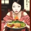 Placeholder: A happy sultry japanese girl eating a meal with her lover who is having an erection