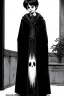 Placeholder: 7 year old boy, necromancer, friendly, looks dead,wearing black robes, with the lower body of a ghost in the style of Harry Clarke