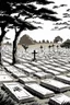 Placeholder: landscape, Japanese open air flat cemetery with thousand gravestones, high detail, manga style, grayscale