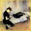 Placeholder: depressed woman typing at a smartphone laying on the floor of a dark bedroom, by berthe morisot