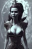 Placeholder: Amy Dumas as evil queen in black leather gown, evil, busty, cleavage, curvy, angry, stern look. character design by cory loftis, fenghua zhong, ryohei hase, ismail inceoglu and ruan jia. unreal engine 5, artistic lighting, highly detailed, photorealistic, fantasy