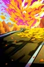 Placeholder: top right corner is a nuclear explosion cloud, top of explosion looks like a autumn tree full of leaves, add leaves falling everywhere in foreground, bottom 2/3 is a road through a road, a wind is blowing away from the tree. a commercial building is on the middle left