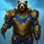 Placeholder: An angry bear warrior in blue and gold armor, background of Inka jungle, high detail, smooth, realistic, digital illustration, Artstation, artgerm,