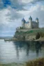 Placeholder: A grayish blue castle near a harbor painted by Claude Monet