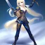 Placeholder: blond anime girl with dark blue eyes, holding sword up, full body view