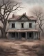 Placeholder: A realistic scene, an old home from the 1930's. the trees are barren. it is very depressing, A melancholic and nostalgic image of an old abandoned house, with peeling paint and overgrown vines,