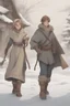 Placeholder: DnD style, two medieval peasant kids playing in the snow male and female, age 14 and 15, happy and playful, he has a short sword