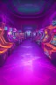 Placeholder: A dark photo of a full panoramic view an 80's aesthetics arcade at night, with a lot of functioning arcade machines, a vaporwave floor and some colorful tiles in between the floor. Purple aesthetics. Full panoramic view