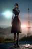 Placeholder: Tall woman, dark brown hair, red eyes, red blouse with black skirt, Ornate details, vibrant color, highly detailed, art stations, concept art, smooth, unreal engine 5, god lights, ray tracing, RTX, lumen lighting, ultra detail, volumetric lighting, 3d, finely drawn, high definition, 4k.