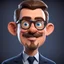 Placeholder: a portrait of wise western man. caricature. brown short hair. light skin. blue eye pupils. rectangle eyeglasses, black frame. heart face shape. has a lot of goatee. wear navy blue formal dress. pixar style. 3D. 4k. portrait. highly detailed. sharp focus. high resolution. full color. cinema lighting