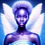 Placeholder: portrait of a beautiful african woman with an angel face smiling,long blond hair, blue eyes, pink and blue dress, jewels, soft light aura