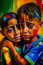 Placeholder: a girl hug her brother and both crying sadly, expressionism, Pixar style, in abstract art Basquiat, Picasso, Miro, Kandinsky, Klee, Birell, Fairey, Ardon, Buffet aand Picasso style, HD --s 750 --v 5.1 --style raw, water color