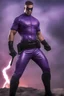 Placeholder: Kent Walker aka THE PHANTOM, Strong, athletic physique, Flexing poses, skin-tight, formfitting purple nylon-leather bodysuit, skin-tight, formfitting purple cowl, black utility belt, double holstered pistol belt, black knee-high boots, glowing white eyes, battle scars, blood, ((foggy, cloudy background, multicolored lightning, flowing lava, Full Eclipse, aliens, explosions, bright, vibrant, extremely colorful, detailed, blood red skies))