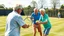 Placeholder: Elderly pensioners playing tennis doubles on a grass court. Everyone is happy. Photographic quality and detail, award-winning image, beautiful composition.