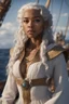 Placeholder: twenty-year-old mulatto sorceress, with wavy snow-white hair, sadly looking at the horizon on the bow of a ship