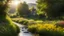 Placeholder: Beautiful realistic rural landscape, warm sunshine, lush plant growth, flowers, brook, peaceful, delightful, idyll, award-winning photograph, detail, beautiful composition, attractive colour, chiaroscuro, rule of thirds, human habitation