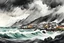 Placeholder: an abstract ink wash and watercolor illustration of a storm tossed, highly detailed coastal fishing village in the Faroe Islands, with ominous thunderheads and pounding surf , finely drawn and inked, 4k, hyper detailed and vibrantly colored