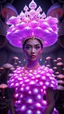 Placeholder: Ultra-realistic 3D portrait of a beautiful Indonesian woman wearing an elegant royal dress entirely made of glowing neon purple mushrooms. Her entire costume, from headpiece to gown, is crafted from luminous umbrella-shaped fungi forming intricate organic layers. The headdress is shaped like a mystical castle adorned with glowing mushrooms and delicate garlands. The background is an elaborate surreal mushroom universe — filled with fractal spiral walls, labyrinth patterns, and geometric mushroom