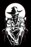 Placeholder: western styled man with hat (wide and flat brim and a flat top) shading face, wearing a gas-mask, sitting forward on a wingback chair, vignette, black and white graphic novel style with a red outline on black background, gothic horror