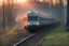 Placeholder: a passenger train emergency braking; polish train; woodlands, sunrise;