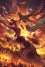 Placeholder: scenic photo of a vibrant Big tree, stretching high above the clouds, its branches adorned with radiant colourful lanterns that lead the way to a hidden realm of celestial vivid spirits. sunset setting, birds and fireflies flying