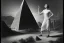 Placeholder: A 1922 woman looking at a black five-sided pyramid in the desert