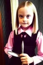 Placeholder: wednesday addams pink dress blonde hair and smiling with a knife