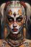 Placeholder: realistic portrait of harley quinn Hyperrealism, Ethereal portrait of a mystical being with tribal features, vibrant orange eyes, reptilian pupils, intricate scale-like patterns around the eyes, pale skin adorned with freckles, tribal tattoo on the nose bridge. Adorned in a weathered yellow tribal mask with dark markings, a central rivet, necklaces of gold, black, and red beads, a rustic red and dark green scarf with intricate designs, and small earrings. Serene expression, intense gaze, desatur