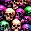 Placeholder: a picture of a dark, comedic, anatomically correct wall of colorful skulls of varying sizes and expressions, photo realistic, insanely meticulous, highly detailed, part of a collection of bones on display, 64k, dystopian, vray