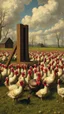 Placeholder: Hieronymus Bosch style , field full of turkeys by the French guillotine