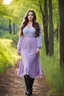 Placeholder: full body standing beautiful 20 year old girl with ash brown hair and blue eyes with her long hair down,curvy body , wearing a sleeved shirt and nice sarifon dress, and lilac long leggings, with long black boots full body shot,country side among trees