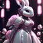 Placeholder: Create a bunny princess character that is adorably dressed in a gown filled with pink and white roses, Cyberpunk realism style, Looking back over the shoulder, zbrush, 32k uhd, 8k, HD