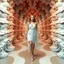 Placeholder: A full-body shot of a beautiful lady walking and looking at the camera 3D fractal recursive structure environment